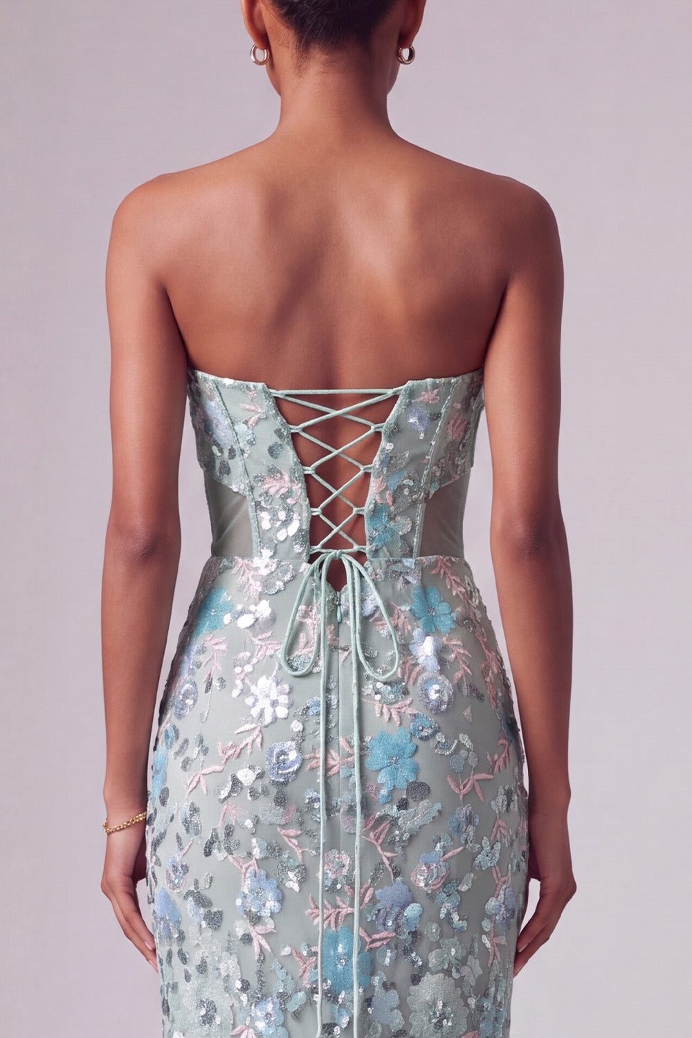 Sparkly Dusty Blue Mermaid Floral Sequin Long Prom Dress with Bows