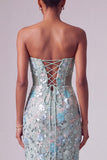 Sparkly Dusty Blue Mermaid Floral Sequin Long Prom Dress with Bows