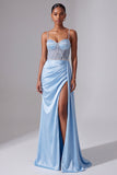 Light Blue Satin Corset Spaghetti Straps Ruched Long Prom Dress with Slit