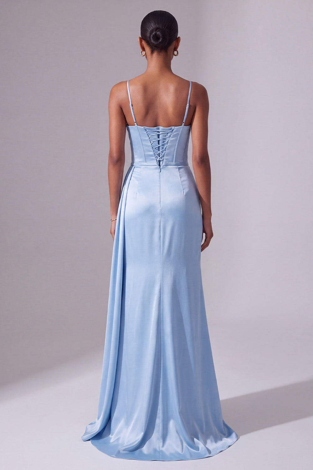 Light Blue Satin Corset Spaghetti Straps Ruched Long Prom Dress with Slit