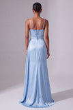 Light Blue Satin Corset Spaghetti Straps Ruched Long Prom Dress with Slit