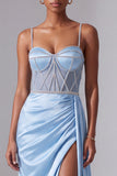 Light Blue Satin Corset Spaghetti Straps Ruched Long Prom Dress with Slit