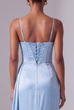Light Blue Satin Corset Spaghetti Straps Ruched Long Prom Dress with Slit