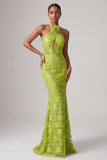 Green Mermaid Halter Beaded Long Prom Dress with 3D Flower