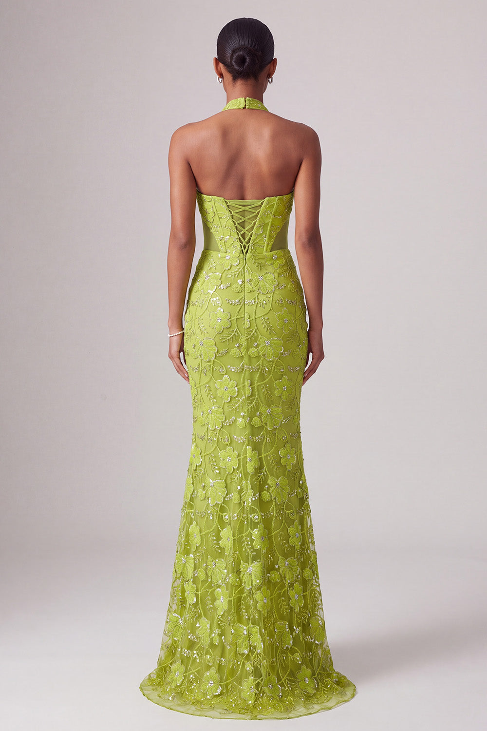 Green Mermaid Halter Beaded Long Prom Dress with 3D Flower