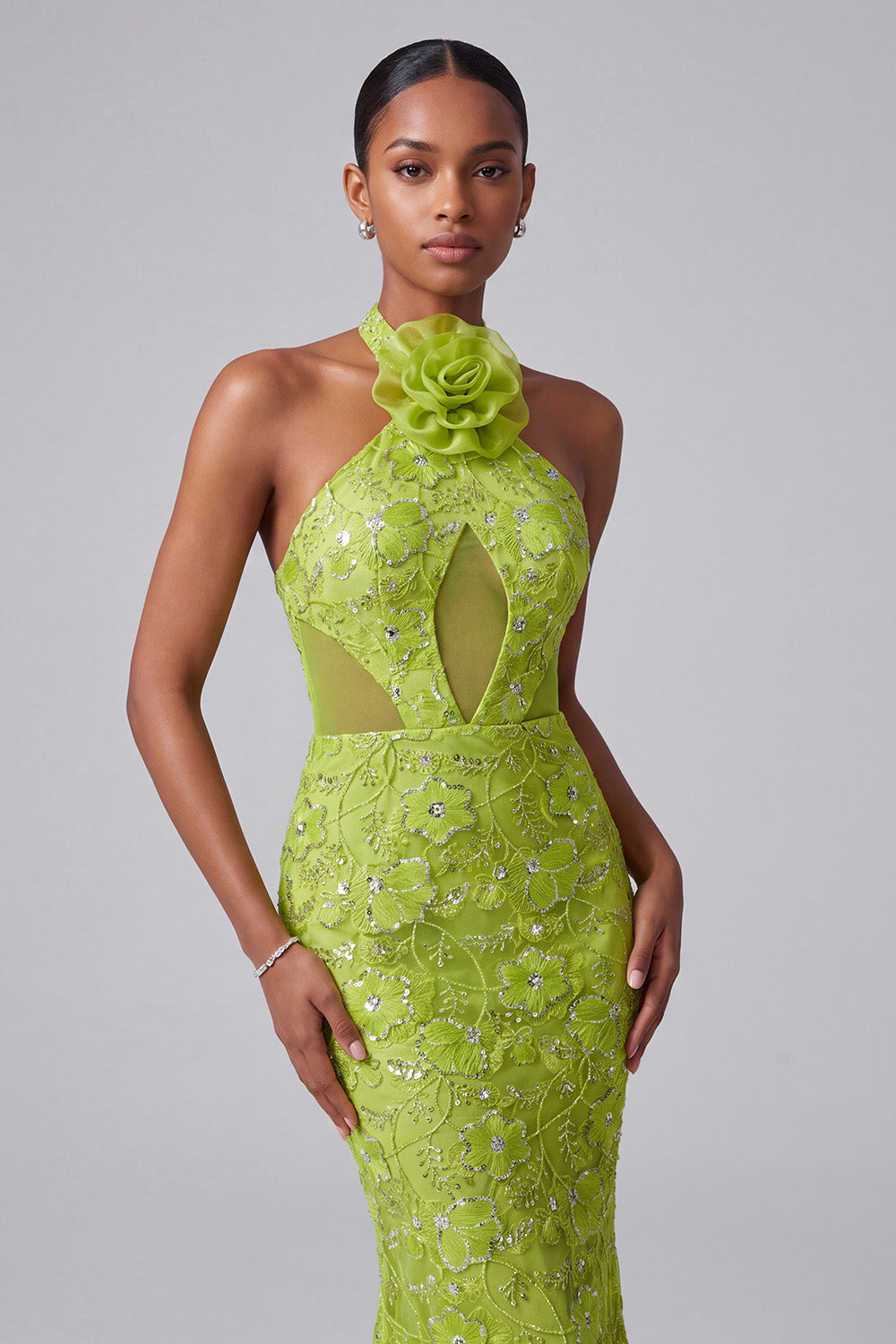 Green Mermaid Halter Beaded Long Prom Dress with 3D Flower