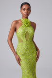 Green Mermaid Halter Beaded Long Prom Dress with 3D Flower