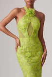Green Mermaid Halter Beaded Long Prom Dress with 3D Flower