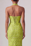 Green Mermaid Halter Beaded Long Prom Dress with 3D Flower