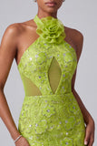 Green Mermaid Halter Beaded Long Prom Dress with 3D Flower