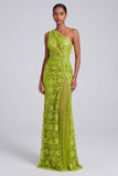 Green Floral Sequin One Shoulder Ruched Long Prom Dress with Slit