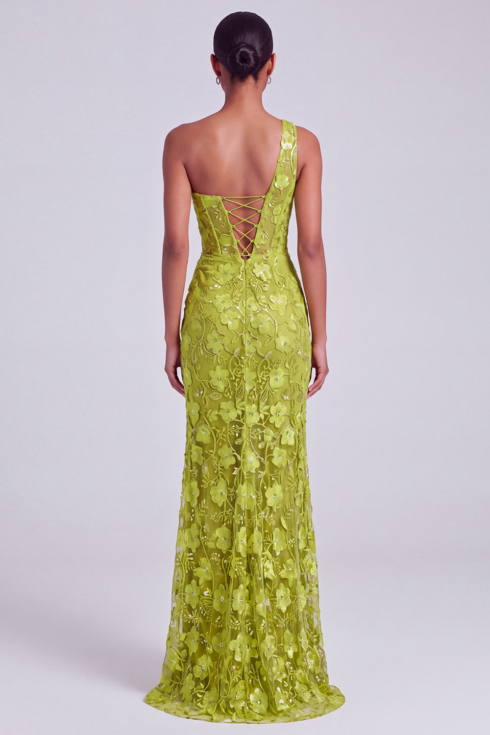 Green Floral Sequin One Shoulder Ruched Long Prom Dress with Slit