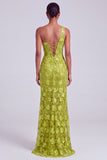 Green Floral Sequin One Shoulder Ruched Long Prom Dress with Slit