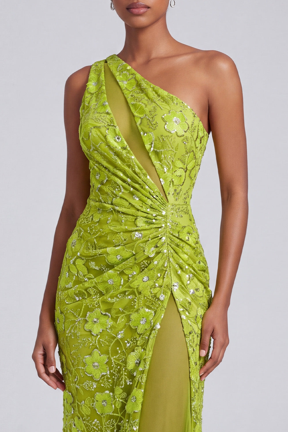 Green Floral Sequin One Shoulder Ruched Long Prom Dress with Slit