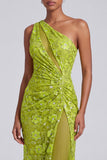 Green Floral Sequin One Shoulder Ruched Long Prom Dress with Slit