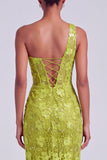 Green Floral Sequin One Shoulder Ruched Long Prom Dress with Slit
