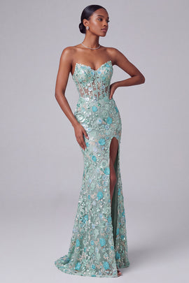 Sparkly Dusty Blue Floral Corset Sequin Mermaid Long Prom Dress with Slit