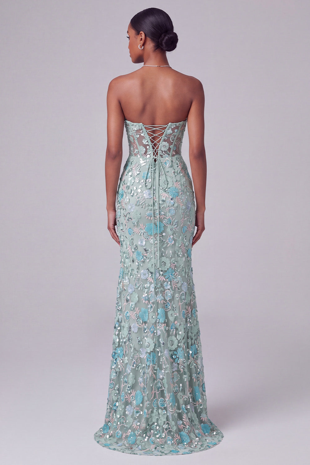 Sparkly Dusty Blue Floral Corset Sequin Mermaid Long Prom Dress with Slit