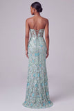Sparkly Dusty Blue Floral Corset Sequin Mermaid Long Prom Dress with Slit