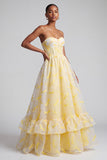 Yellow Corset Embroidered A-Line Sweetheart Ruffled Long Prom Dress