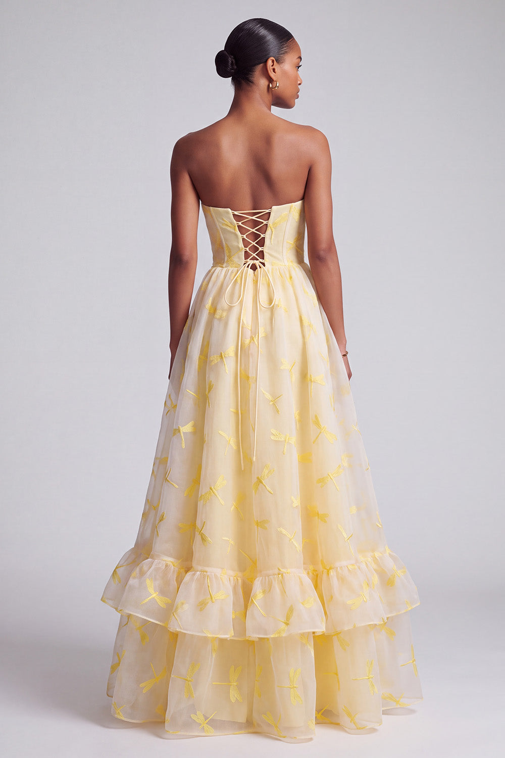Yellow Corset Embroidered A-Line Sweetheart Ruffled Long Prom Dress