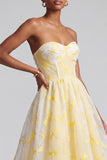 Yellow Corset Embroidered A-Line Sweetheart Ruffled Long Prom Dress