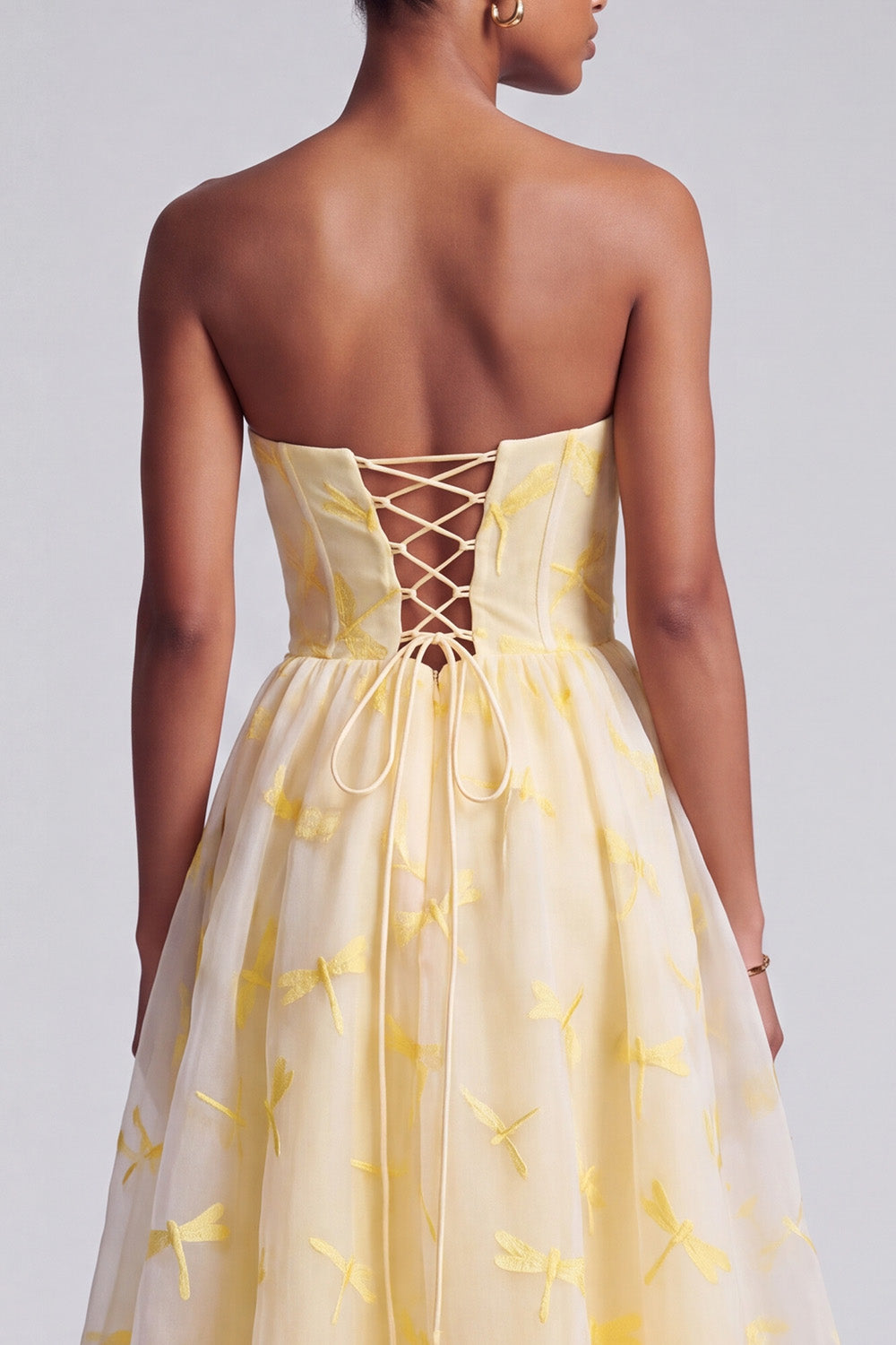 Yellow Corset Embroidered A-Line Sweetheart Ruffled Long Prom Dress