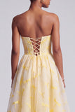 Yellow Corset Embroidered A-Line Sweetheart Ruffled Long Prom Dress