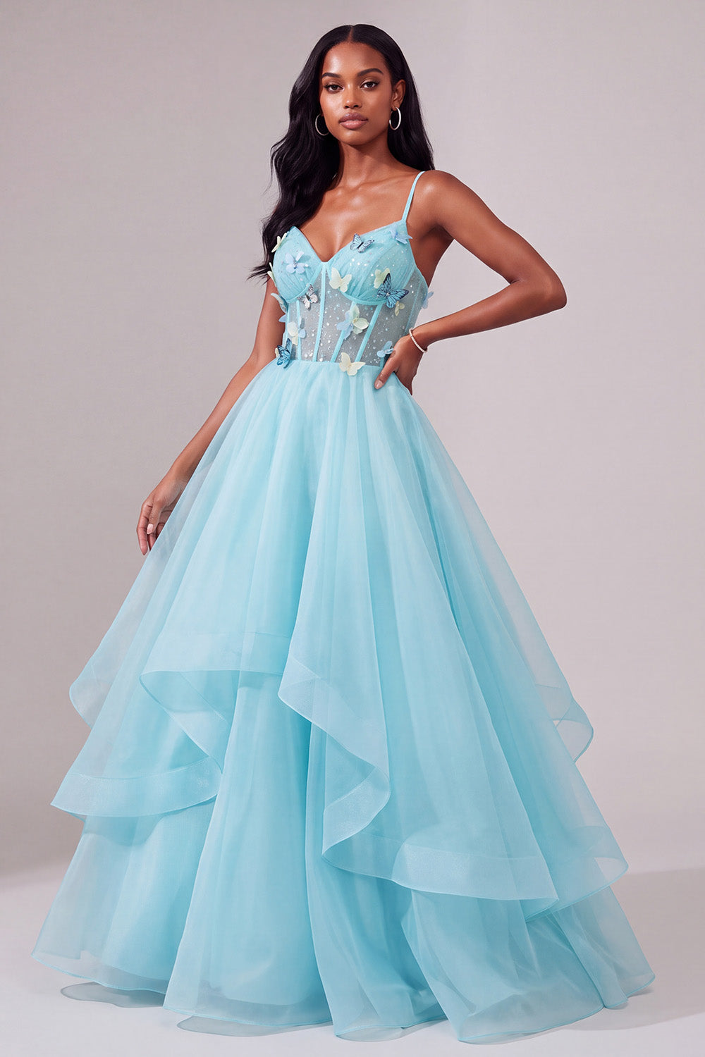 Light Blue Corset Tiered Ball Gown Long Prom Dress with 3D Butterflies