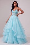 Light Blue Corset Tiered Ball Gown Long Prom Dress with 3D Butterflies
