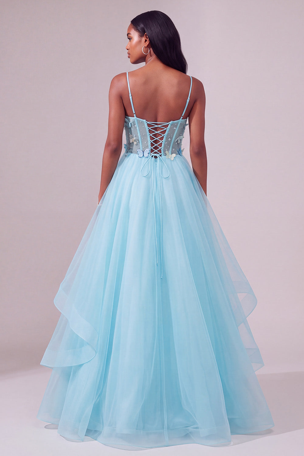 Light Blue Corset Tiered Ball Gown Long Prom Dress with 3D Butterflies