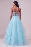 Light Blue Corset Tiered Ball Gown Long Prom Dress with 3D Butterflies