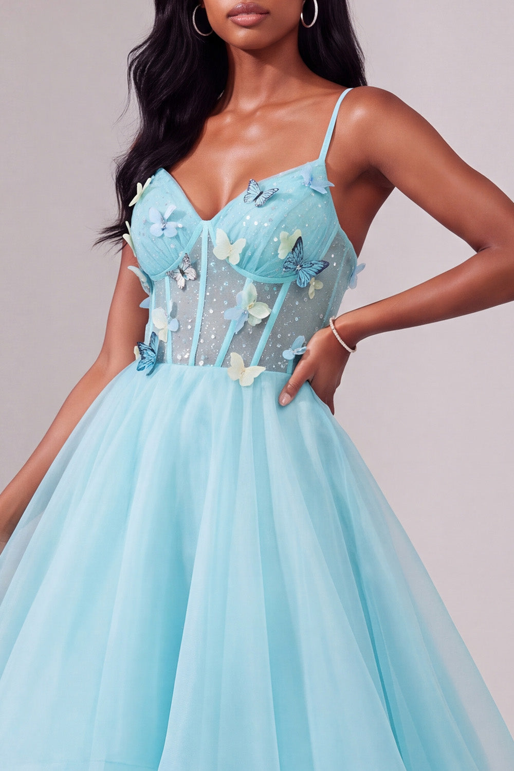 Light Blue Corset Tiered Ball Gown Long Prom Dress with 3D Butterflies