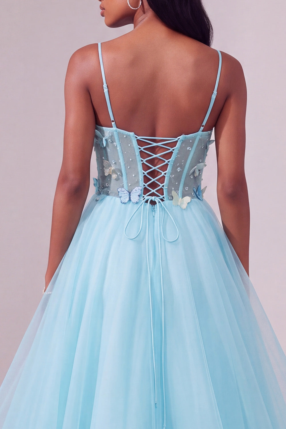 Light Blue Corset Tiered Ball Gown Long Prom Dress with 3D Butterflies