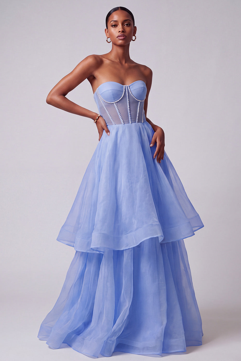 A-Line Strapless Blue Corset Tiered Long Prom Dress with Beading