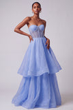 A-Line Strapless Blue Corset Tiered Long Prom Dress with Beading