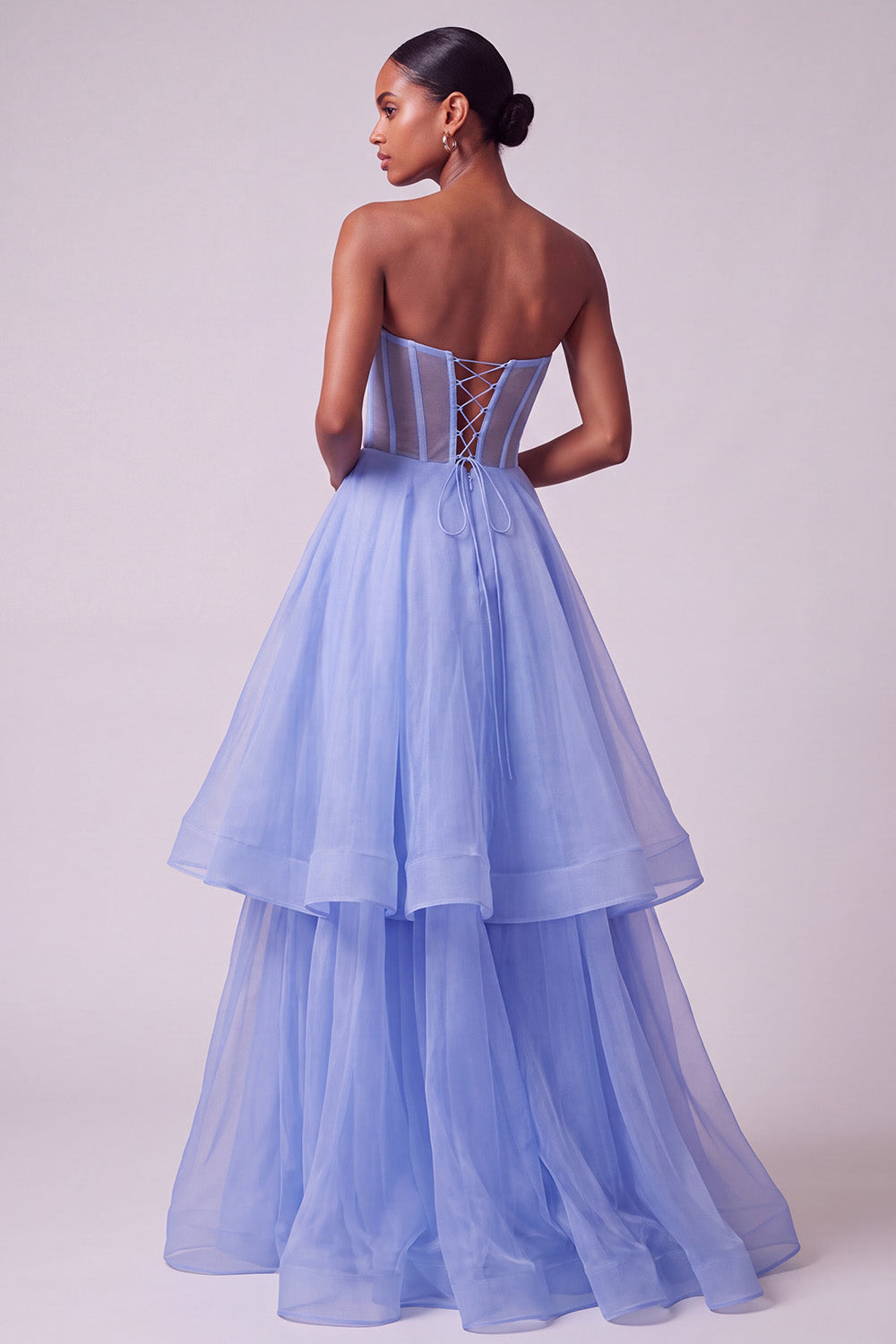 A-Line Strapless Blue Corset Tiered Long Prom Dress with Beading