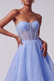 A-Line Strapless Blue Corset Tiered Long Prom Dress with Beading