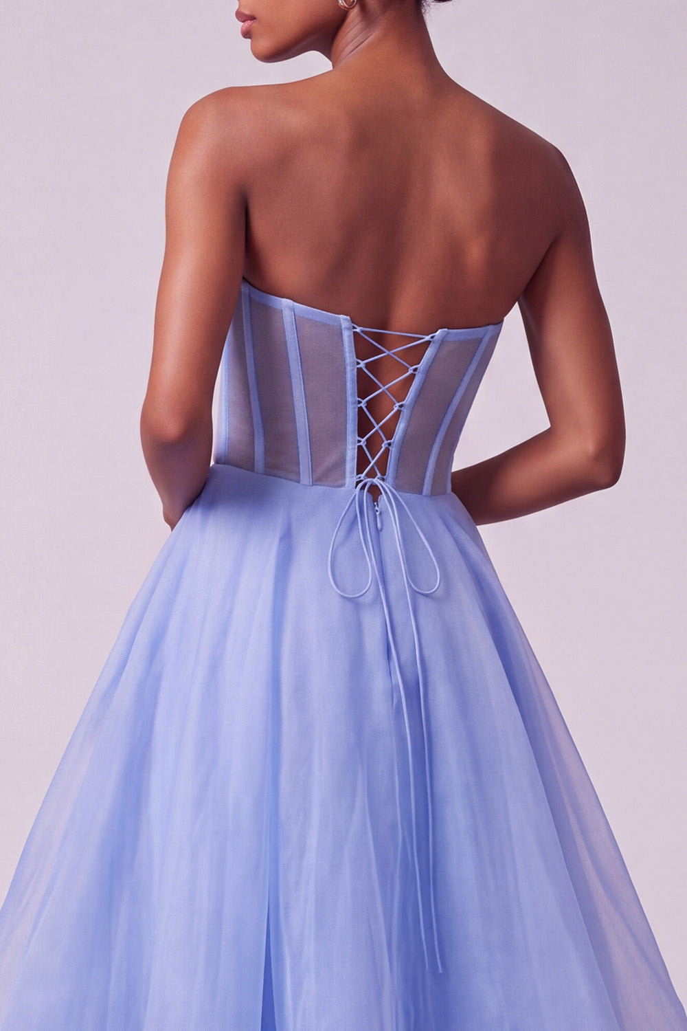 A-Line Strapless Blue Corset Tiered Long Prom Dress with Beading