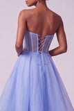 A-Line Strapless Blue Corset Tiered Long Prom Dress with Beading