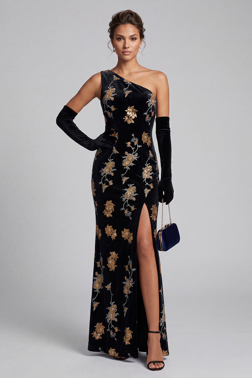 Sparkly Black Velvet Mermaid Sequin Floral Long Mother of the Bride Dress