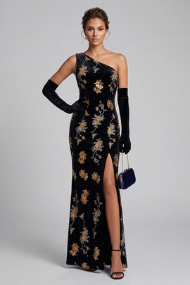 Sparkly Black Velvet Mermaid Sequin Floral Long Mother of the Bride Dress
