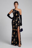 Sparkly Black Velvet Mermaid Sequin Floral Long Mother of the Bride Dress
