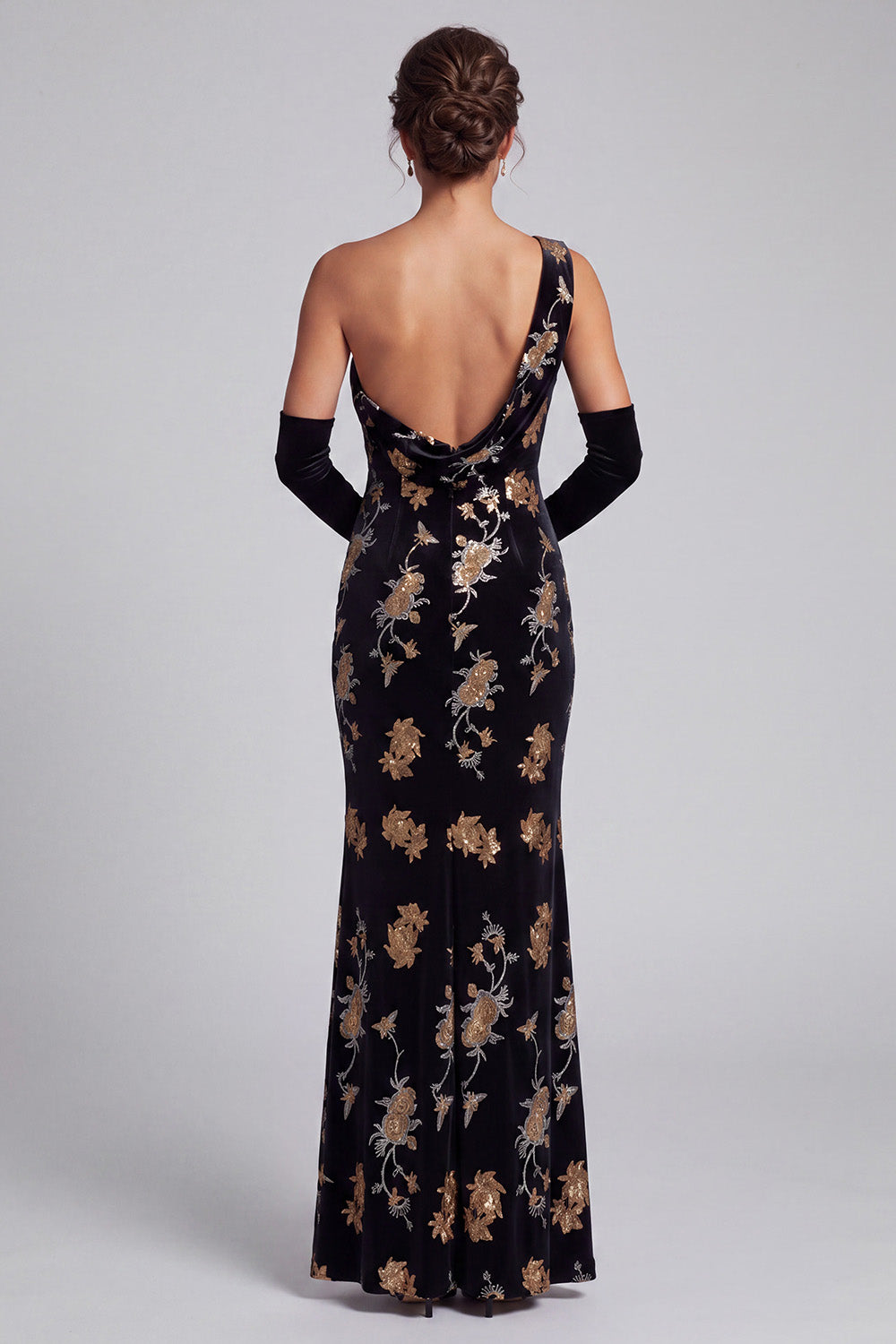 Sparkly Black Velvet Mermaid Sequin Floral Long Mother of the Bride Dress
