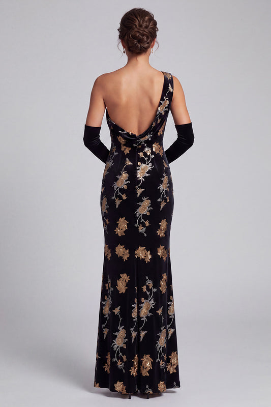 Sparkly Black Velvet Mermaid Sequin Floral Long Mother of the Bride Dress