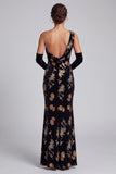Sparkly Black Velvet Mermaid Sequin Floral Long Mother of the Bride Dress