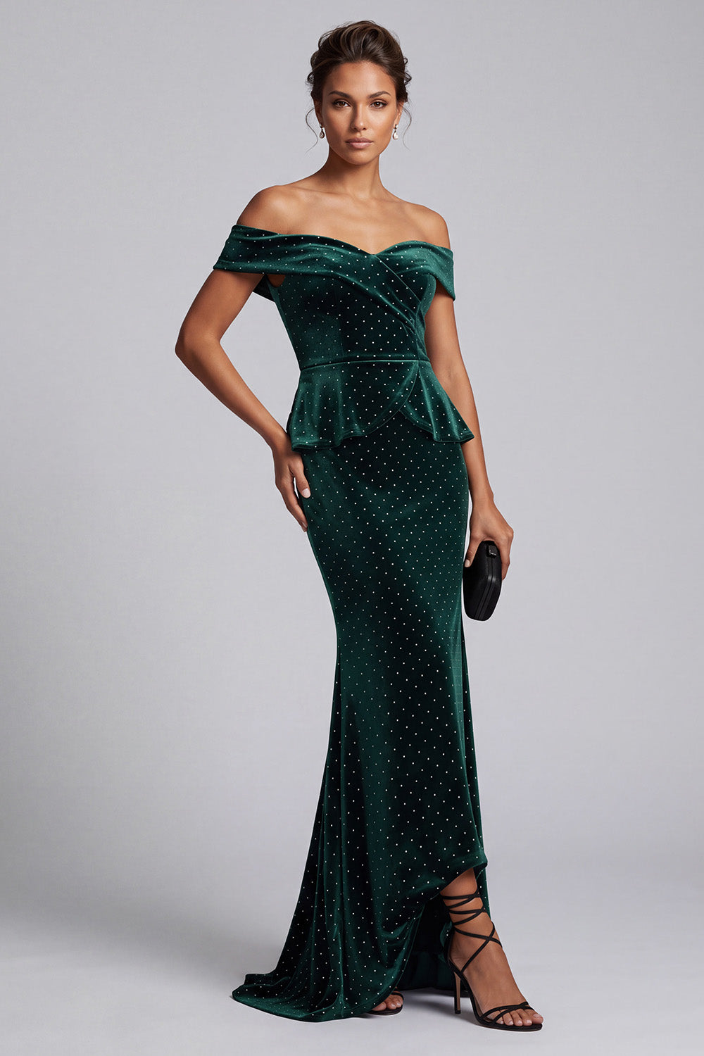 Dark Green Mermaid Ruffled Beaded Velvet Long Mother of the Bride Dress