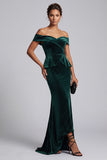 Dark Green Mermaid Ruffled Beaded Velvet Long Mother of the Bride Dress