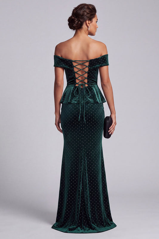 Dark Green Mermaid Ruffled Beaded Velvet Long Mother of the Bride Dress