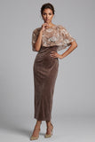 Chocolate Velvet Sheath Sequin Midi Mother of the Bride Dress with Cape